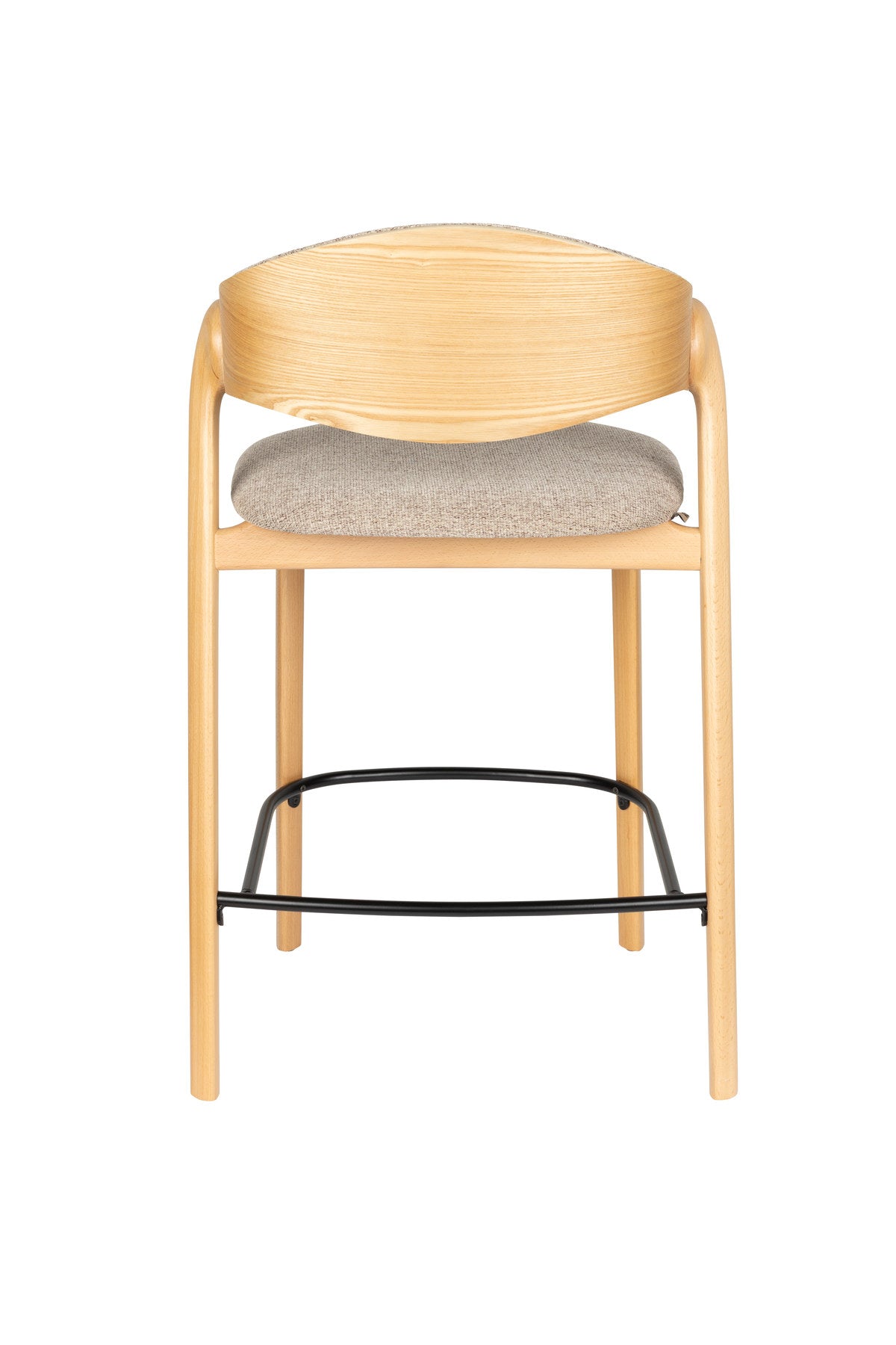 Barhocker Babington mit Holzgestell, gepolstertem Sitz und Rückenlehne aus hellem Stoff