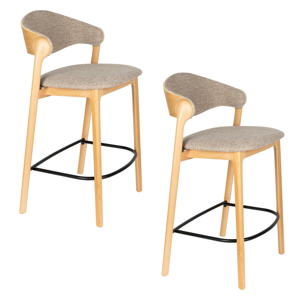 Barhocker Babington mit Holzgestell, gepolstertem Sitz und Rückenlehne aus hellem Stoff