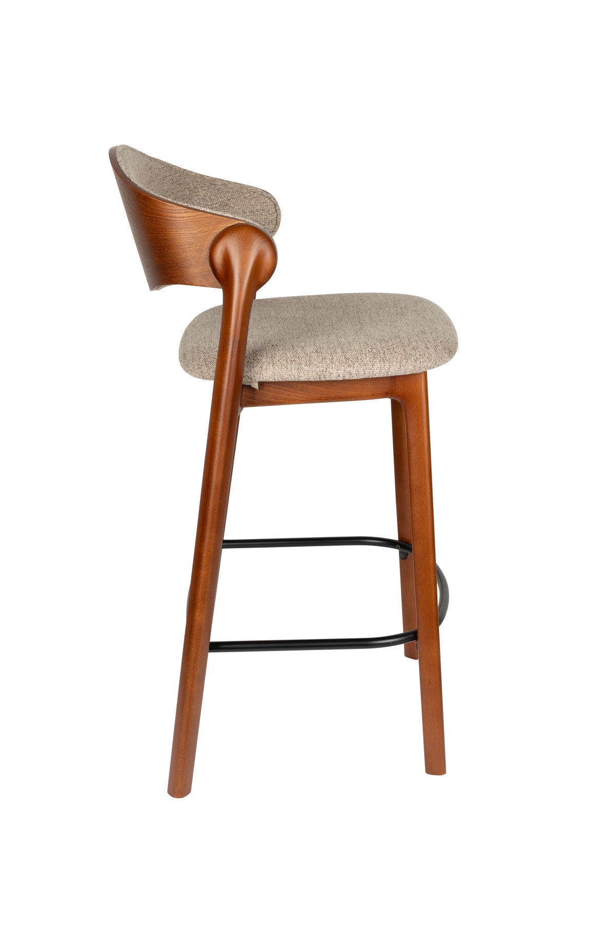 Barhocker Babington mit Holzgestell, gepolstertem Sitz und Rückenlehne aus hellem Stoff