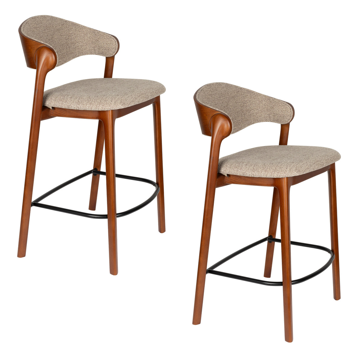 Barhocker Babington mit Holzgestell, gepolstertem Sitz und Rückenlehne aus hellem Stoff