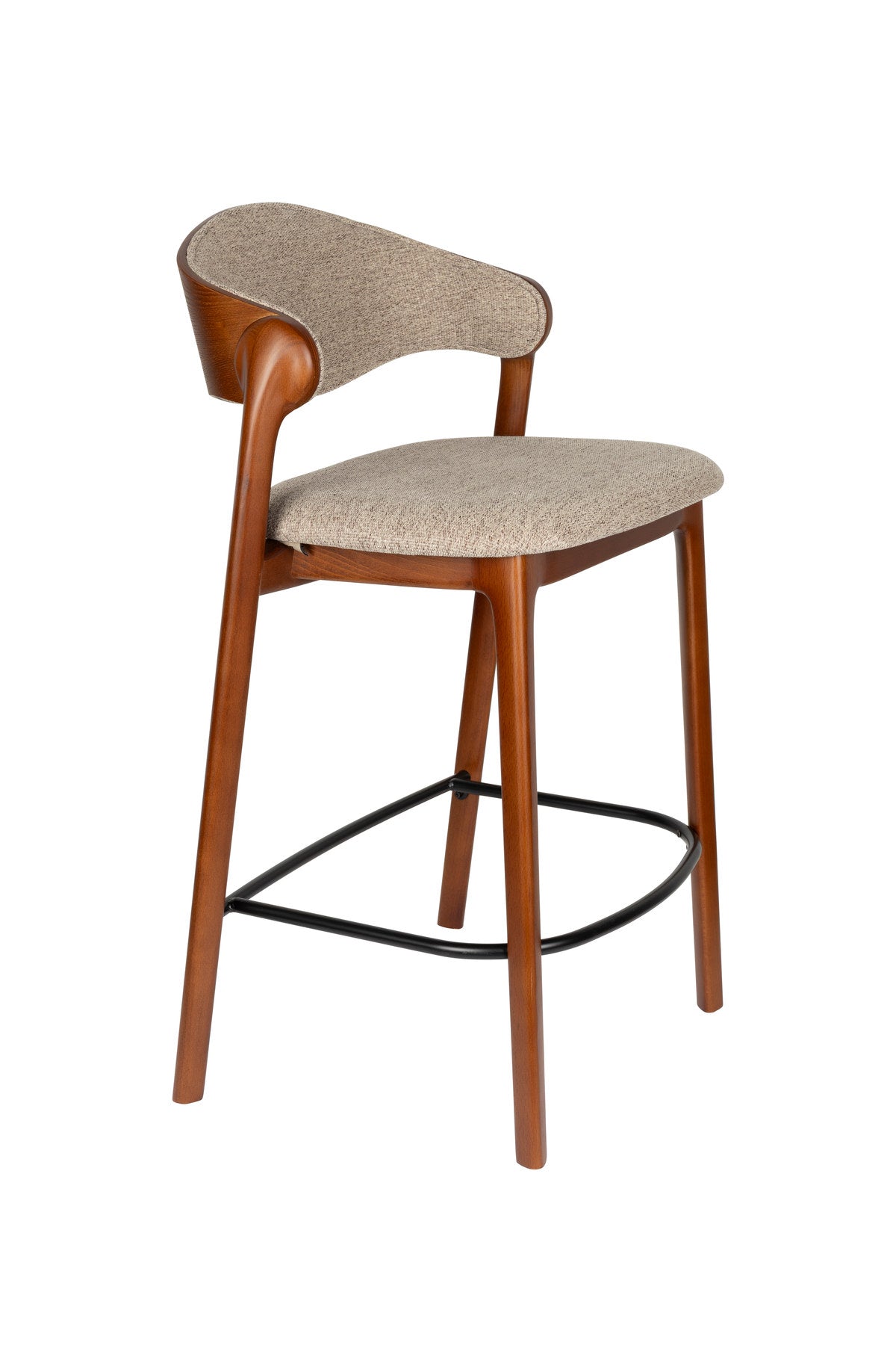 Barhocker Babington mit Holzgestell, gepolstertem Sitz und Rückenlehne aus hellem Stoff