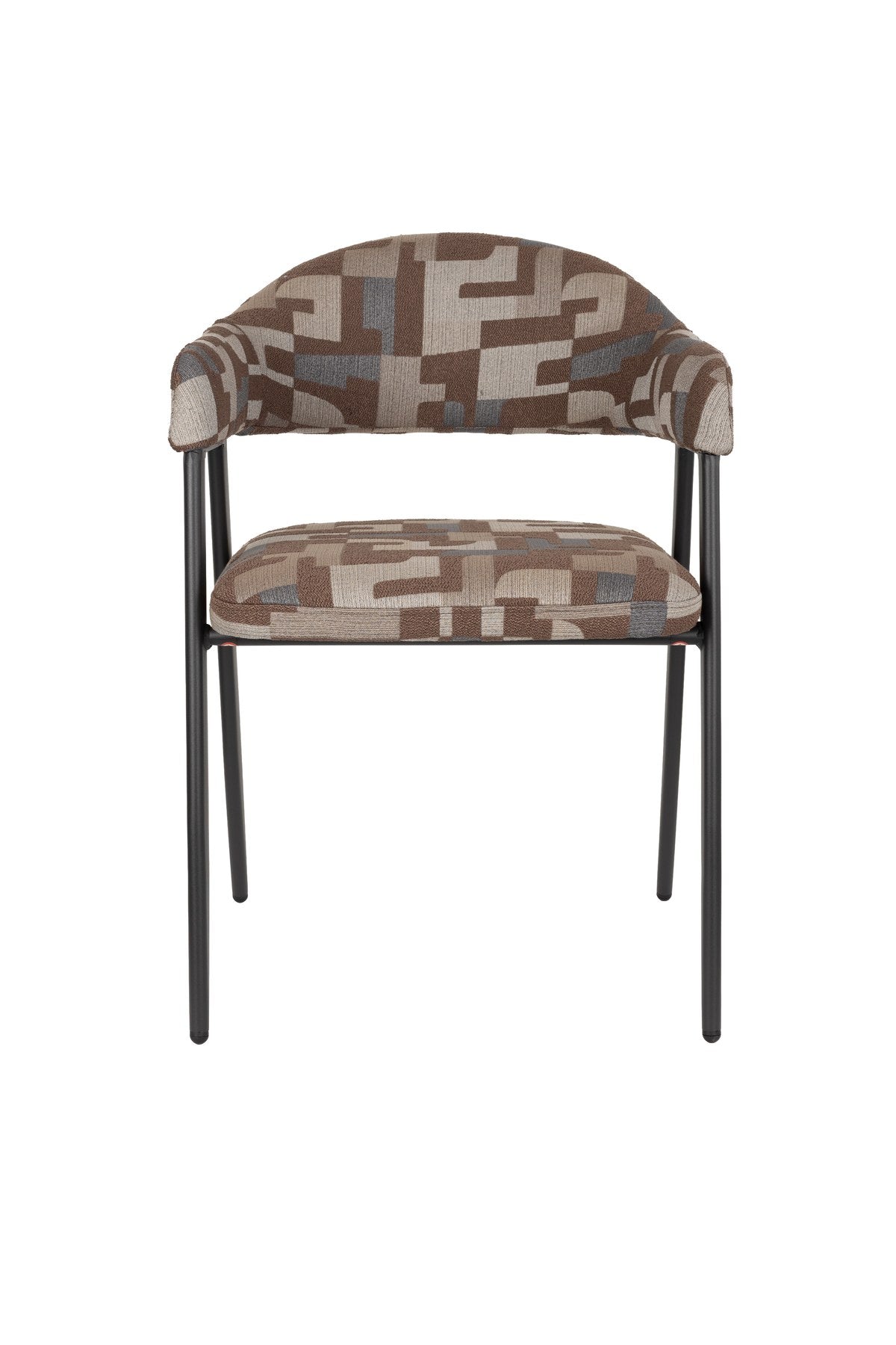 Esszimmerstuhl Chair Miyo Light Brown von Dutchbone mit hellbraunem gewebtem Bezug, grafischem Muster und schwarzem Metallgestell auf hellem Hintergrund