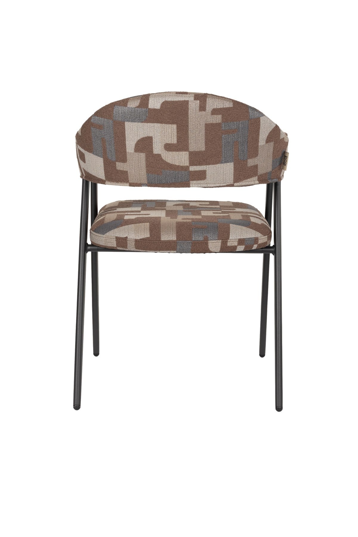 Esszimmerstuhl Chair Miyo Light Brown von Dutchbone mit hellbraunem gewebtem Bezug, grafischem Muster und schwarzem Metallgestell auf hellem Hintergrund