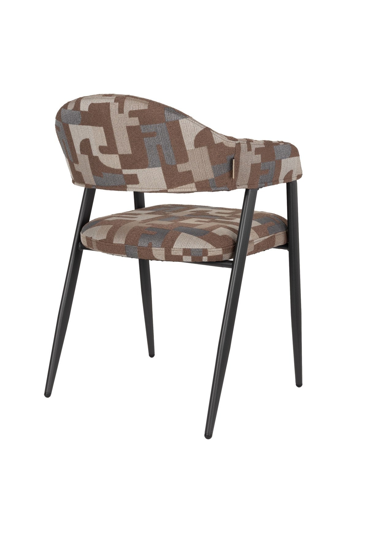 Esszimmerstuhl Chair Miyo Light Brown von Dutchbone mit hellbraunem gewebtem Bezug, grafischem Muster und schwarzem Metallgestell auf hellem Hintergrund