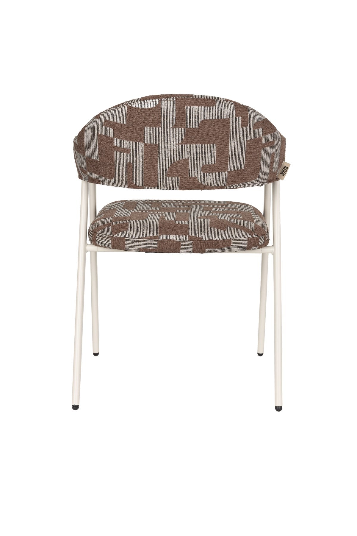 Beige Esszimmerstuhl Chair Miyo von Dutchbone mit gewebtem Bezug, gepolsterter Sitzfläche und schwarzem Metallgestell aus Sperrholz und Stahl.