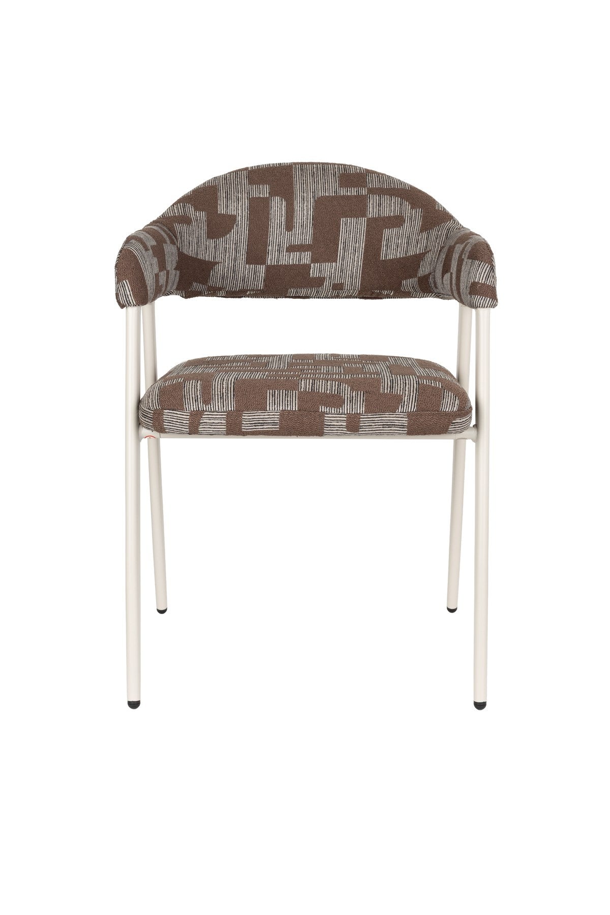 Beige Esszimmerstuhl Chair Miyo von Dutchbone mit gewebtem Bezug, gepolsterter Sitzfläche und schwarzem Metallgestell aus Sperrholz und Stahl.