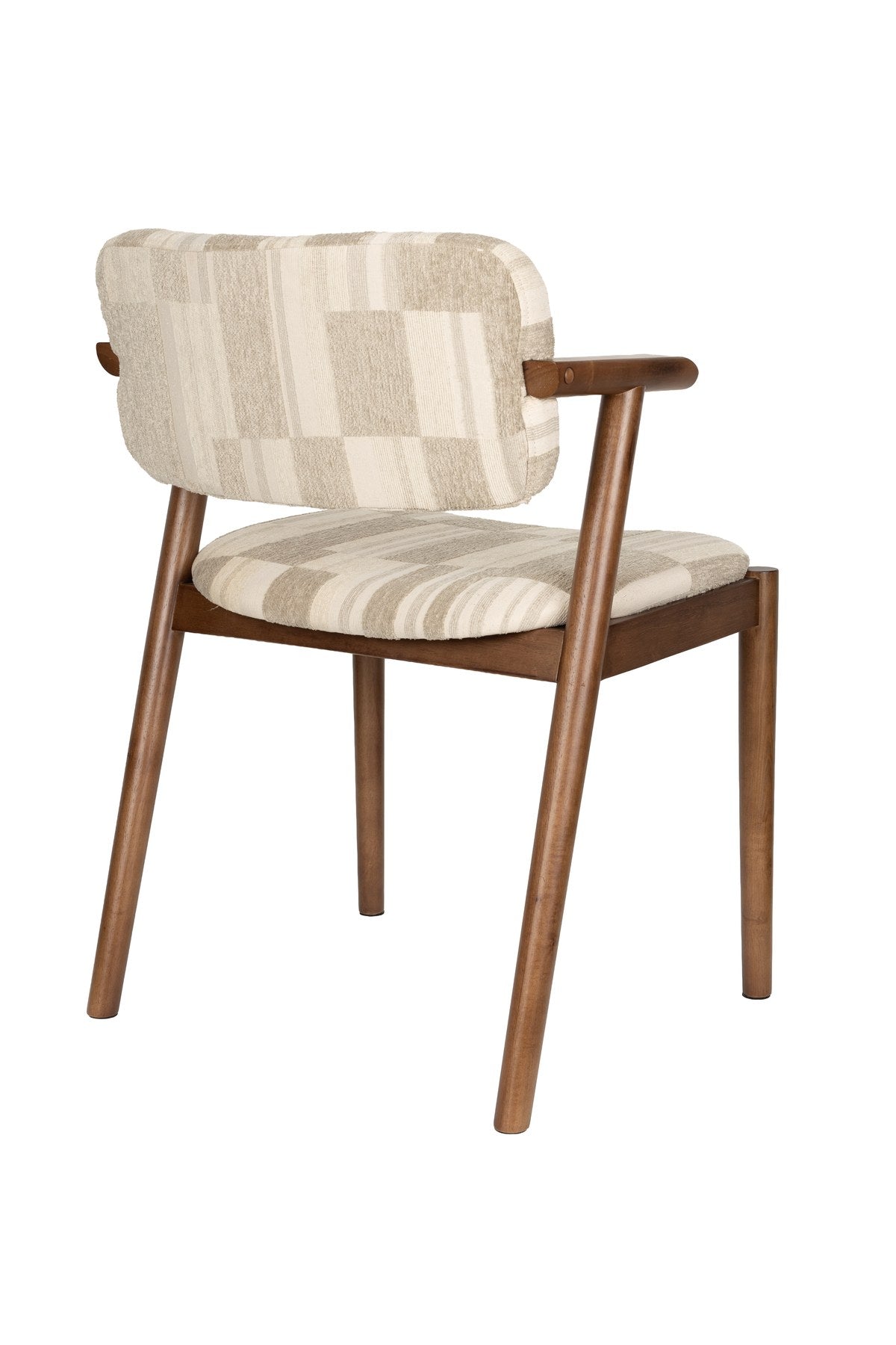 Beiger Esszimmerstuhl Chair Sara von Dutchbone mit gepolsterter Sitzfläche, grafischem Retro-Druck und Gestell in Braun, Ansicht von vorne.