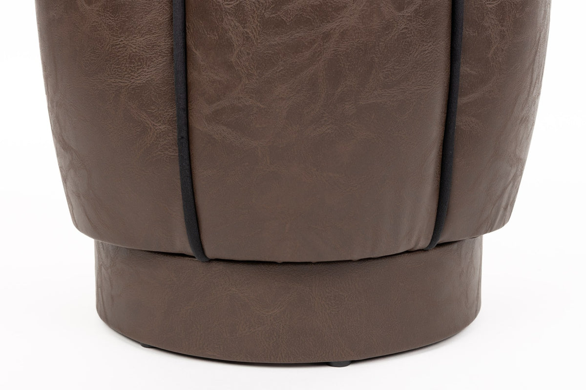 Braunes Pouf Donna mit Lederbezug, runde Form, dunkler Paspel entlang der Rundungen, gepolsterte Sitzfläche, für den Innenbereich.