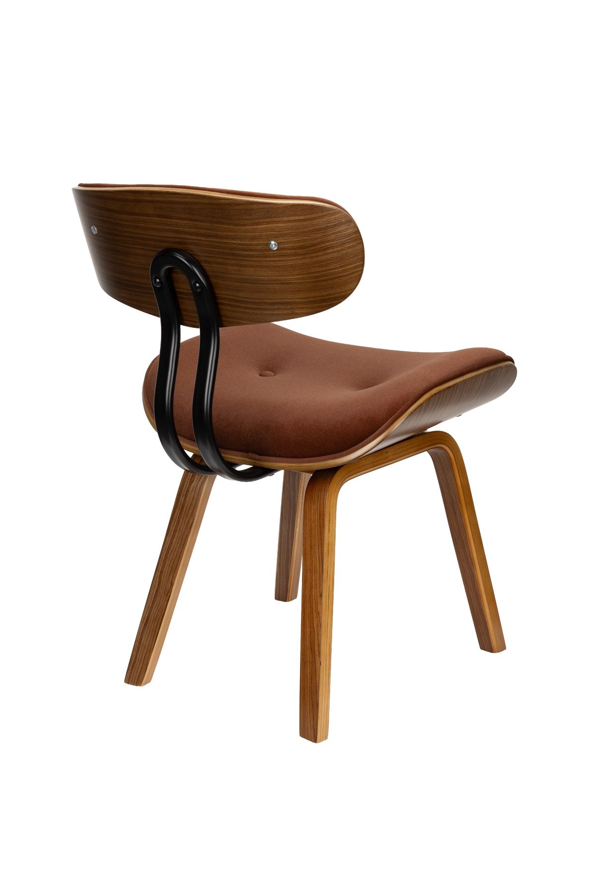 Gepolsterter Esszimmerstuhl Blackwood in Braun mit Rückenlehne aus Polyester, Sitzfläche aus Pappelholz und dunklem Holzgestell.
