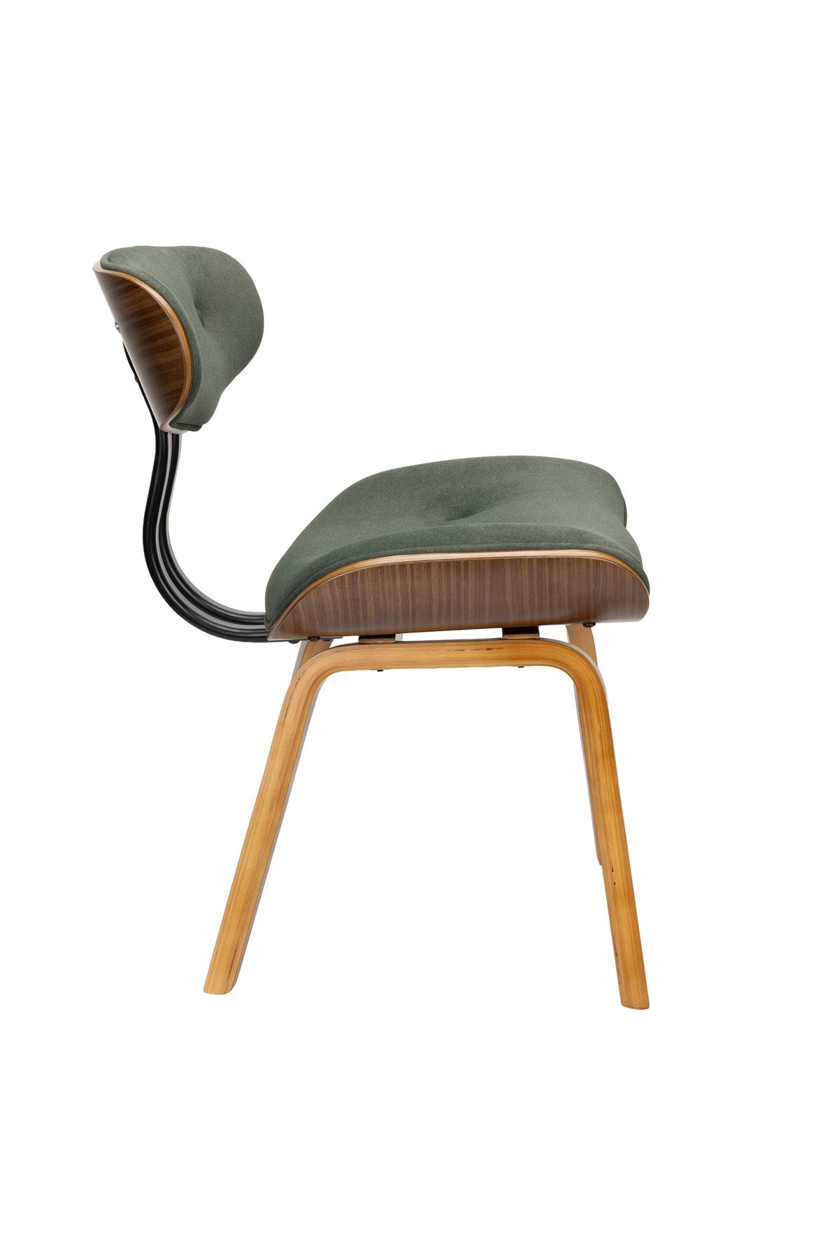 Grüner Polsterstuhl mit furniertem Holzgestell und gepolsterter Sitzfläche aus Pappelholz, Rückenlehne aus Polyester.