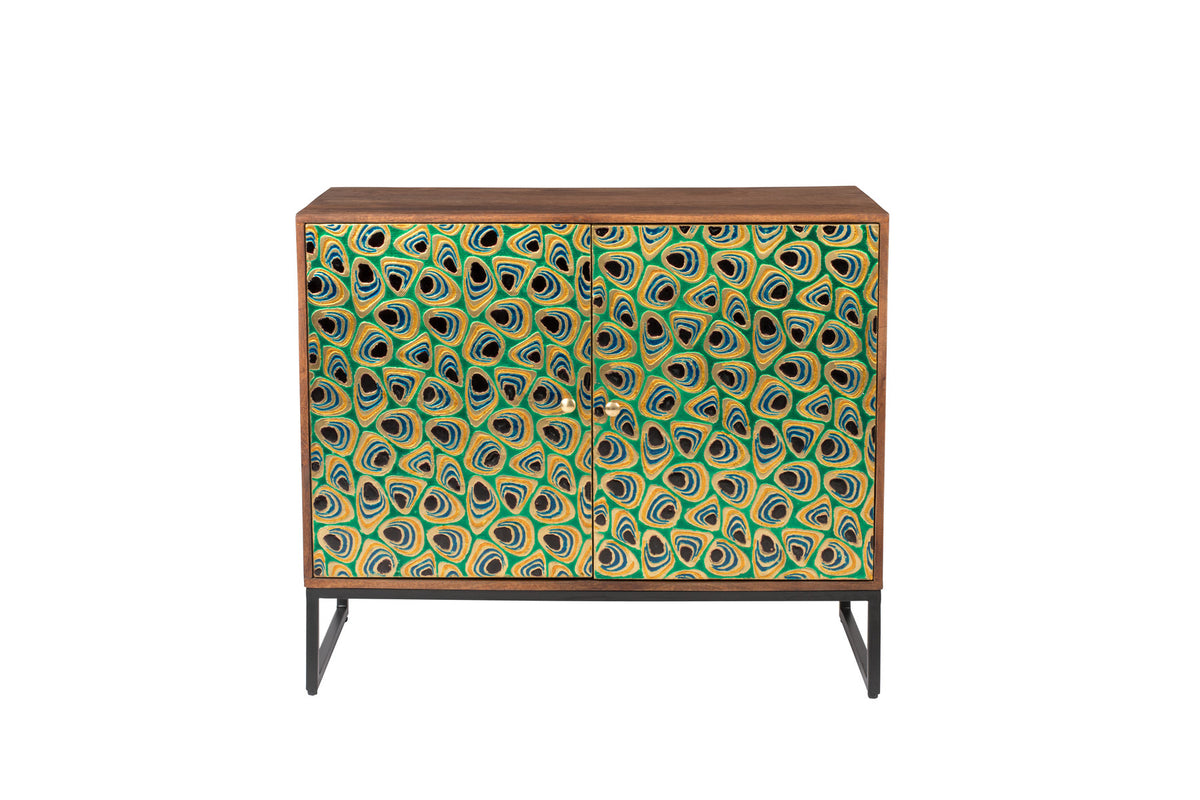 Cabinet Kabinet Meena aus Mangoholz mit bemaltem Pfauenaugenmuster in Metallic-Farben