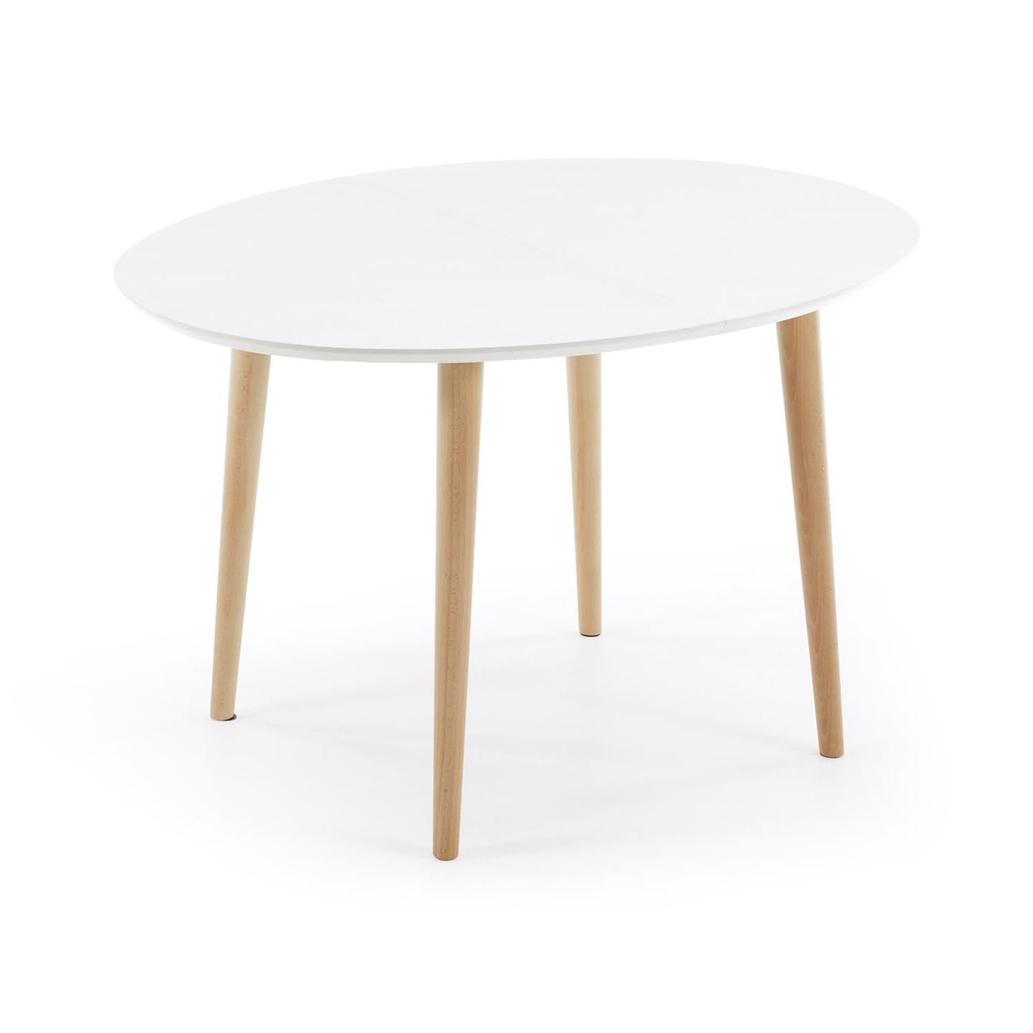 Eleganter Oqui Ausziehtisch: Weiß, MDF, Buchenholz, 120-200 cm.