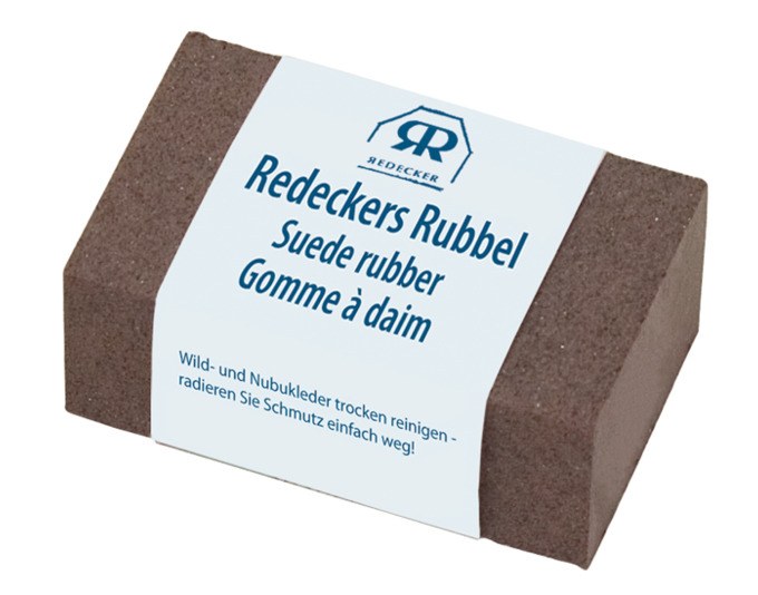 Brauner Wildledergummi aus Silikon von REDECKER in kompakter Blockform, Masse 5 x 3 x 2 cm, zur Reinigung von Wildlederschuhen.
