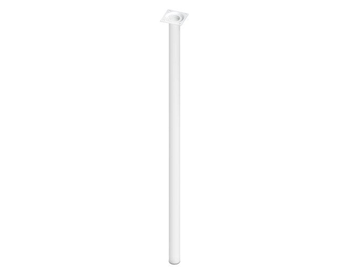 Weisser Möbelfuss aus Stahlrohr mit rundem Querschnitt (ø 30 mm), Höhe 10 cm, mit quadratischer Befestigungsplatte und vier Schraublöchern.