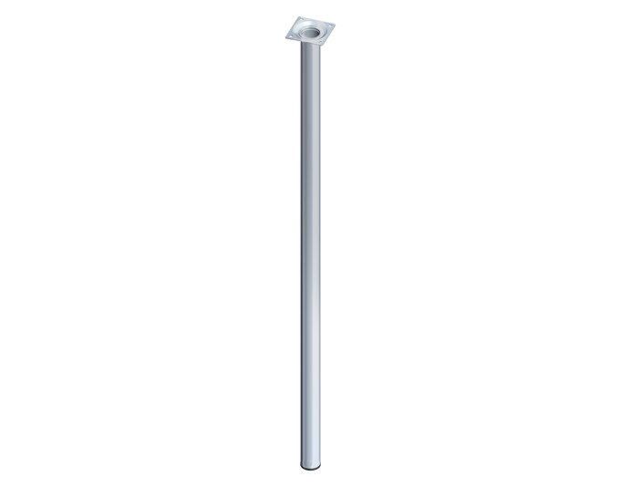 Runder Möbelfuss aus Stahlrohr in Chrom-Silber, Durchmesser 30 mm, Höhe 10 cm, mit quadratischer Befestigungsplatte und vier Löchern.