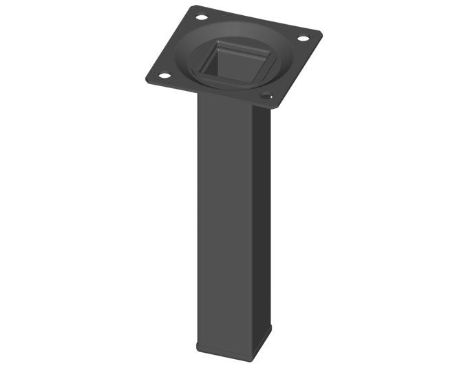 Eckiger schwarzer Stahlrohrfuss in Säulenform von ELEMENT SYSTEM mit Befestigungsplatte, vier Bohrlöchern und sichtbarer Regulierschraube.