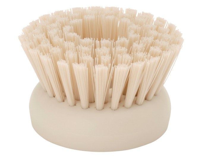 Zwei Ersatzbürstenköpfe aus Kunststoff mit Polyesterborsten in soft beige und weiss, passend für die Brabantia Spülbürste mit Spülmittelspender.