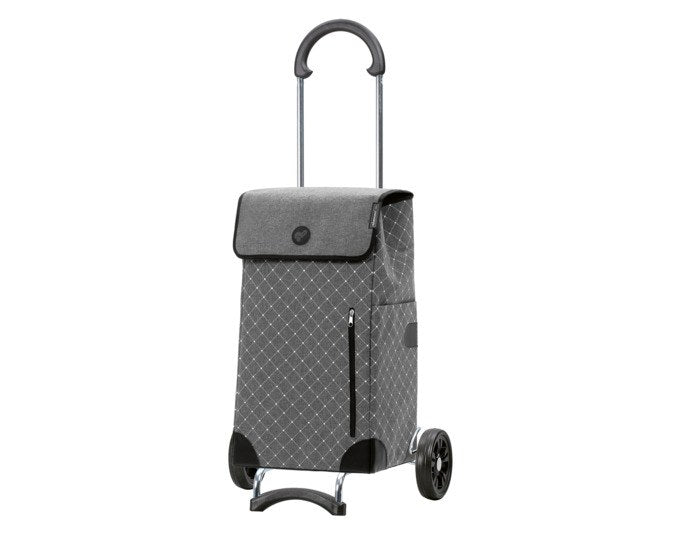 Schwarzer Einkaufstrolley ANDERSEN Scala Sofia mit textiler Tasche, Aussentasche, Überschlag und zwei Rädern auf klappbarem Metallgestell.