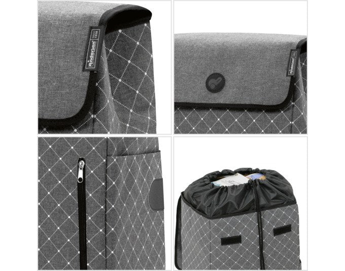 Schwarzer Einkaufstrolley ANDERSEN Scala Sofia mit textiler Tasche, Aussentasche, Überschlag und zwei Rädern auf klappbarem Metallgestell.