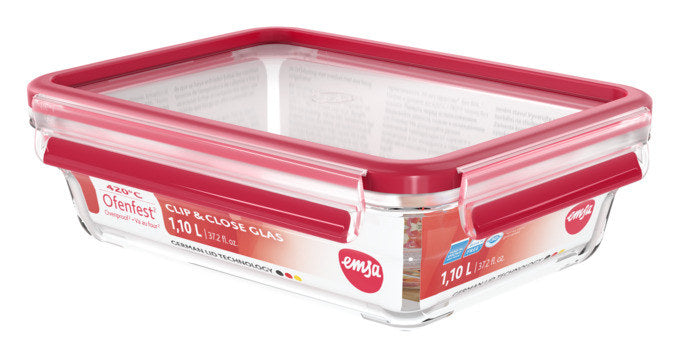 EMSA Dose Glas Clip&Close rechteckig 1.1l in Transparent, Rot präsentiert im Onlineshop von KAQTU Design AG. Frischhaltedose ist von EMSA