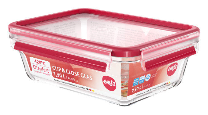 EMSA Dose Glas Clip&Close rechteckig 1.3l in Transparent, Rot präsentiert im Onlineshop von KAQTU Design AG. Frischhaltedose ist von EMSA