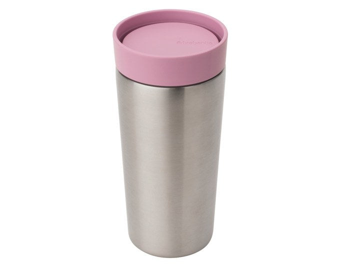 Isolierflasche BRABANTIA Make & Take aus Edelstahl in der Farbe Lilac Pink, zylindrische Form mit Gürtelclip und Trinköffnung.