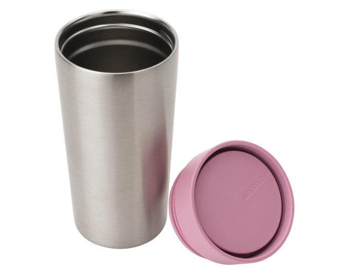 Isolierflasche BRABANTIA Make & Take aus Edelstahl in der Farbe Lilac Pink, zylindrische Form mit Gürtelclip und Trinköffnung.