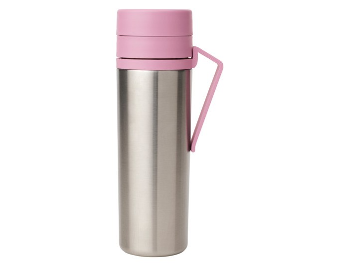 Produktfoto einer Isolierflasche aus Edelstahl in Lilac Pink mit Gürtelclip, Trinköffnung und grosser Einfüllöffnung von BRABANTIA.