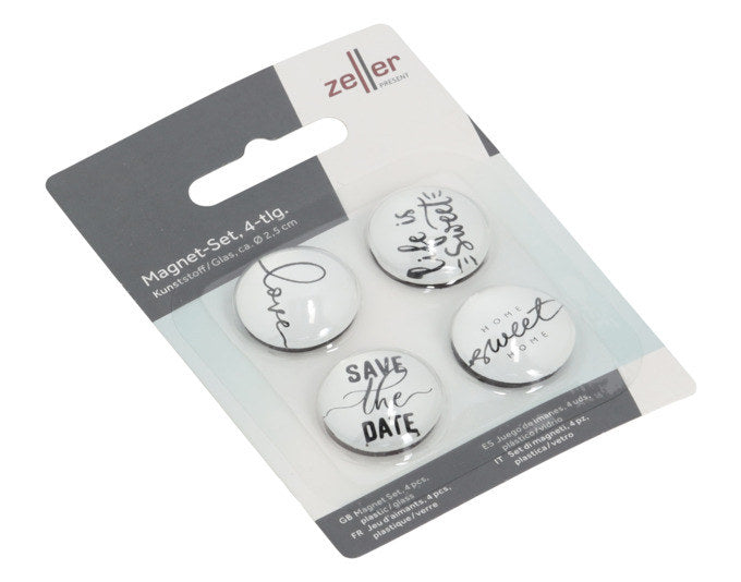 ZELLER Magnet-Set Sprüche 4 Stück ø 2.5x0.8 cm in Weiss, Dekoriert präsentiert im Onlineshop von KAQTU Design AG. Pinnwände + Magnettafeln ist von ZELLER PRESENT