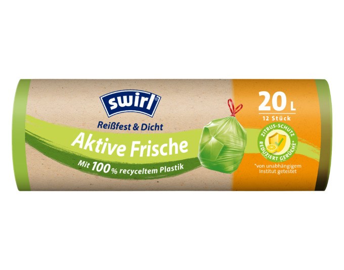 Grüne Kunststoffrolle mit 12 SWIRL Abfallsäcken Aktive Frische 20 l, Mehrschicht-Folie mit Zugband zum Verschliessen und Tragen.