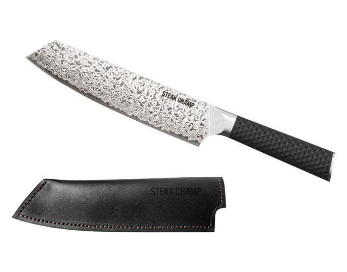 STEAK CHAMP Kochmesser Damast, inkl. Lederholster in Chrom, Silber, Schwarz präsentiert im Onlineshop von KAQTU Design AG. Damastmesser ist von STEAK CHAMP