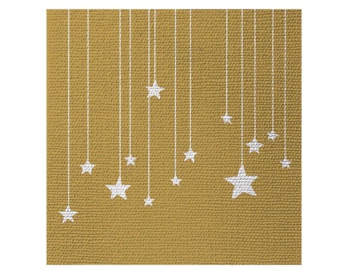 Goldene Papierserviette mit Sternenmuster, quadratisch gefaltet, 33x33 cm, 3-lagiges Tissue-Material, für festliche Tischdekoration.