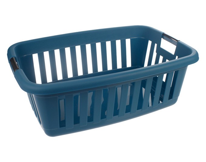 Blauer Wäschekorb aus Polypropylen von EBNAT, rechteckige Form, Masse 64x45x24.5 cm, mit zwei ergonomischen Griffen an den Längsseiten.