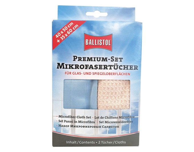 Zwei Mikrofasertücher aus Polyester und Polyamid, eines beige mit Waffelstruktur, eines blau und seidig, für die Glasreinigung.