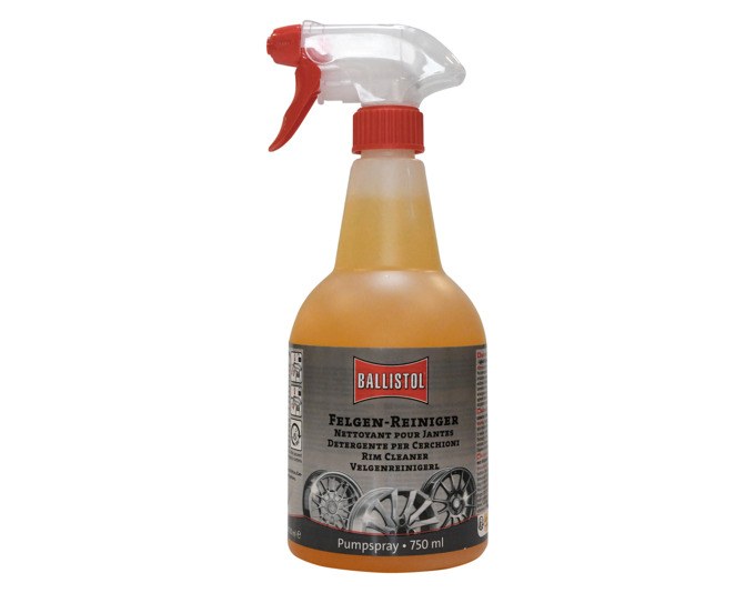 Sprühflasche BALLISTOL Felgenreiniger 750 ml in Gelborange mit Etikett und Sprühkopf, aufrecht stehend fotografiert vor neutralem Hintergrund