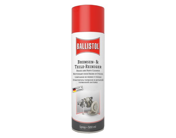 Weisse Sprühdose BALLISTOL Bremsen und Teilreiniger 500 ml, zylindrische Form, mit Sprühkopf für die Anwendung auf Metallteilen und Bremsen.