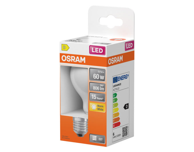 OSRAM LED-Lampe Retrofit Classic A E27 5.9W 806lm frosted Warm White in  präsentiert im Onlineshop von KAQTU Design AG. Leuchtmittel ist von OSRAM