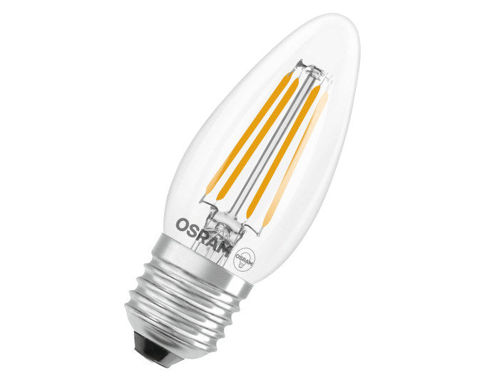 OSRAM LED-Lampe Retrofit Classic B E27 3.4W 470lm dimmable clear Warm White in Transparent präsentiert im Onlineshop von KAQTU Design AG. Leuchtmittel ist von OSRAM