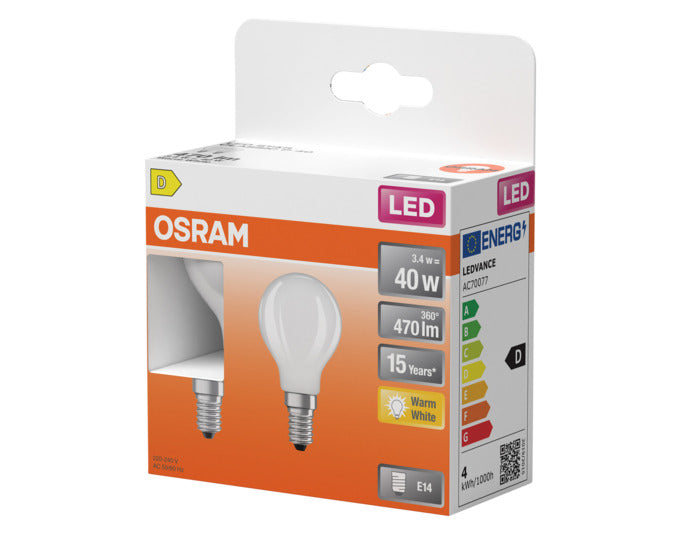 OSRAM LED-Lampe Retrofit Classic P E14 3.4W 470lm frosted Warm White in  präsentiert im Onlineshop von KAQTU Design AG. Leuchtmittel ist von OSRAM