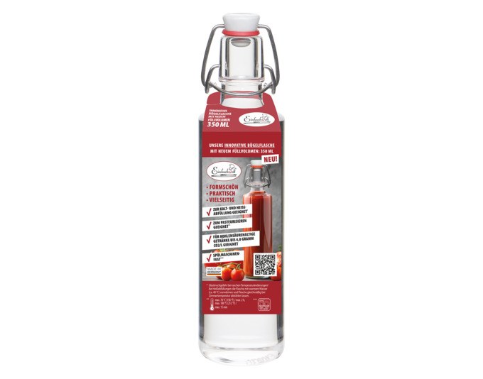 Transparente runde Bügelflasche aus Glas mit rostfreiem Edelstahlbügel und weissem Porzellankopf, Fassungsvermögen 350 ml.