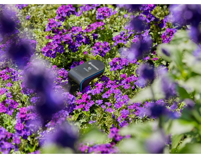 Schwarzer GARDENA Bodenfeuchtesensor Smart Sensor mit flachem Kopfteil und langem Fühler, freigestellt auf hellem Hintergrund fotografiert.