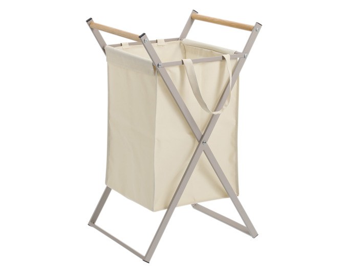Wäschekorb aus Metall und Polyester in Greige, mit stabilem Gestell, Holzgriffen und atmungsaktivem Wäschesack, Grösse 36.2x35x68.5 cm.