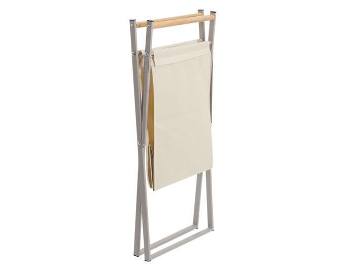 Wäschekorb aus Metall und Polyester in Greige, mit stabilem Gestell, Holzgriffen und atmungsaktivem Wäschesack, Grösse 36.2x35x68.5 cm.