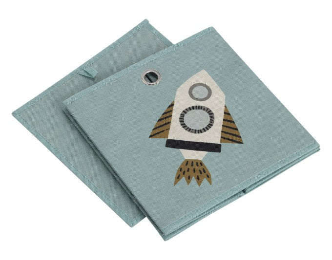 Petrolfarbene Aufbewahrungsbox aus Vliesmaterial mit Rocket-Motiv, quadratische Form, Masse 28x28x28 cm, offene Boxenstruktur von ZELLER PRESENT.