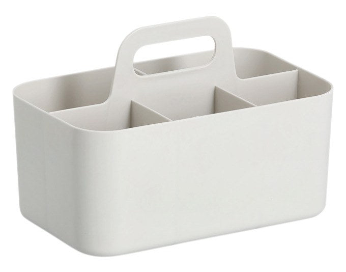 Cremefarbener Kunststoff-Organizer mit mehreren Innenfächern und mittig platziertem Tragegriff, Masse 24.8 x 15.4 x 17 cm.