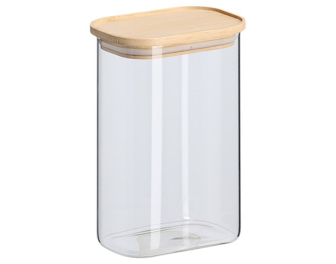 Transparentes Vorratsglas aus Borosilikatglas mit natürlichem Bambusdeckel, zylindrische Form, Grösse 12.8 x 9 x 18.8 cm.