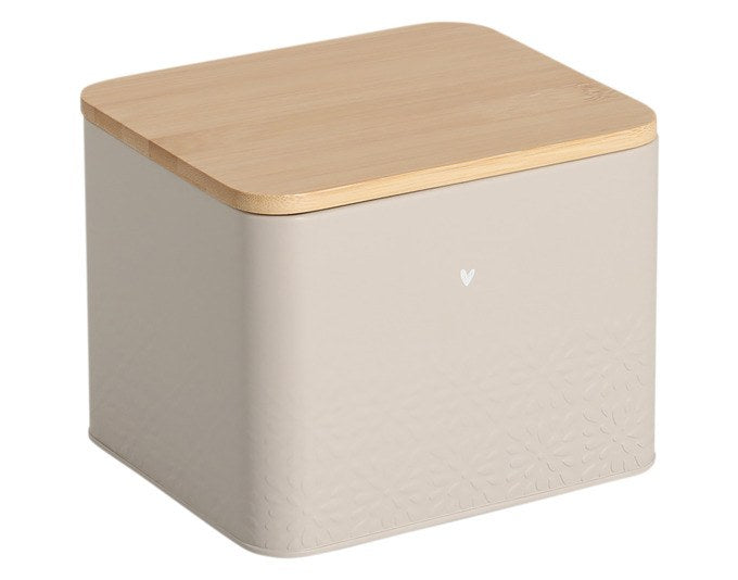 Vorratsdose Heart in Greige mit Bambusdeckel, robuster Behälter, Masse 18x15.7x14.5 cm, Volumen 3000 ml, Farben Greige und Braun.