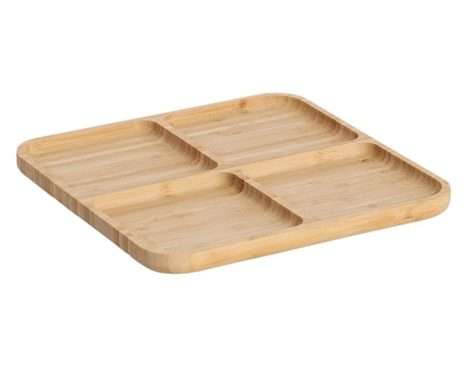 Snackteller aus natürlichem Bambusholz mit unterteilter Fläche, braun-natürliche Maserung, quadratische Form, flache Bauhöhe.