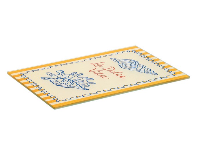 Buntes Schneidbrett aus Sicherheitsglas im Format 30x20 cm mit farbigem Dolce-Vita-Motiv, rechteckige Form, glatte Glasoberfläche.