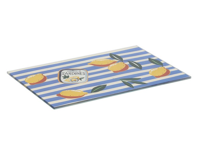 Buntes Schneidbrett aus gehärtetem Sicherheitsglas im Format 30x20 cm mit farbigem Motiv, Modell ZELLER Present Italia, freigestellt fotografiert.